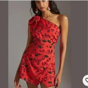 NWT Anthropologie Cherry One-Shoulder Printed Mini Dress 0P Maeve Party
